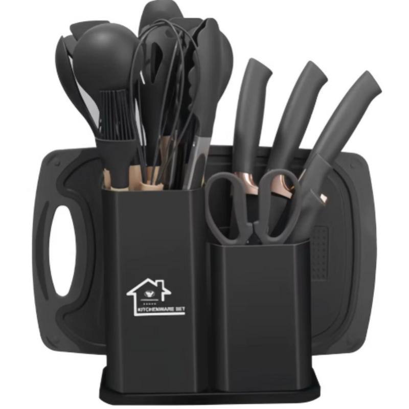 Kit Completo Jogo Utensílios de Cozinha Luxo 19 Peças Com Tábua em Silicone Espátula Faca Tesoura